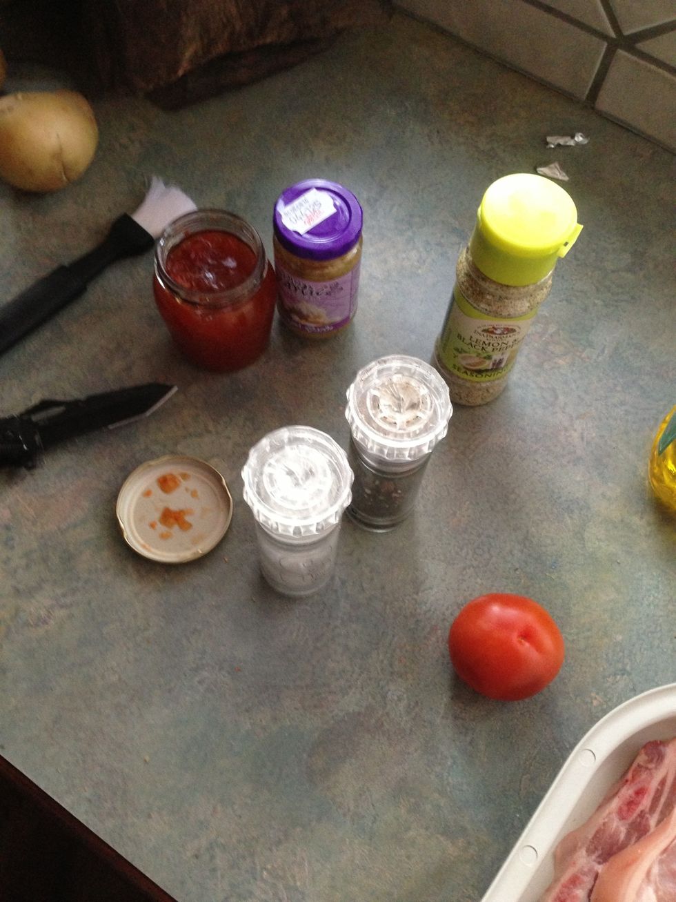 Mix ground salt pepper olive oil garlic natural sweet white wine and some chutney or chili in a bowl or directly on to meat