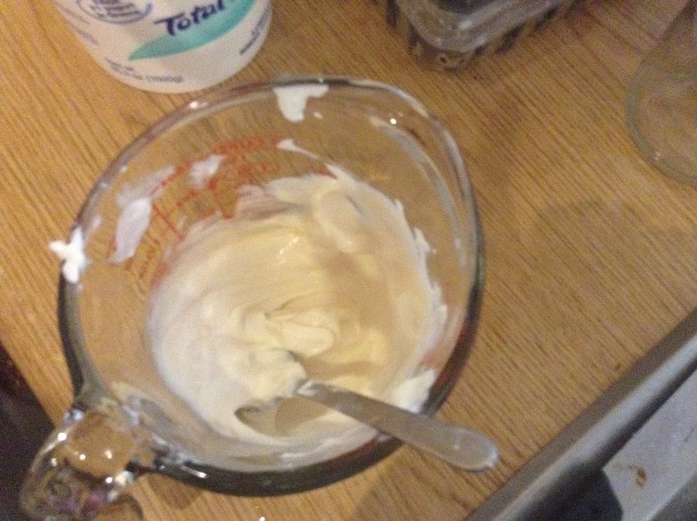 Mix hunny and yogurt into a bowl and mix until it's like the picture lay out in a pan covered with tin foil