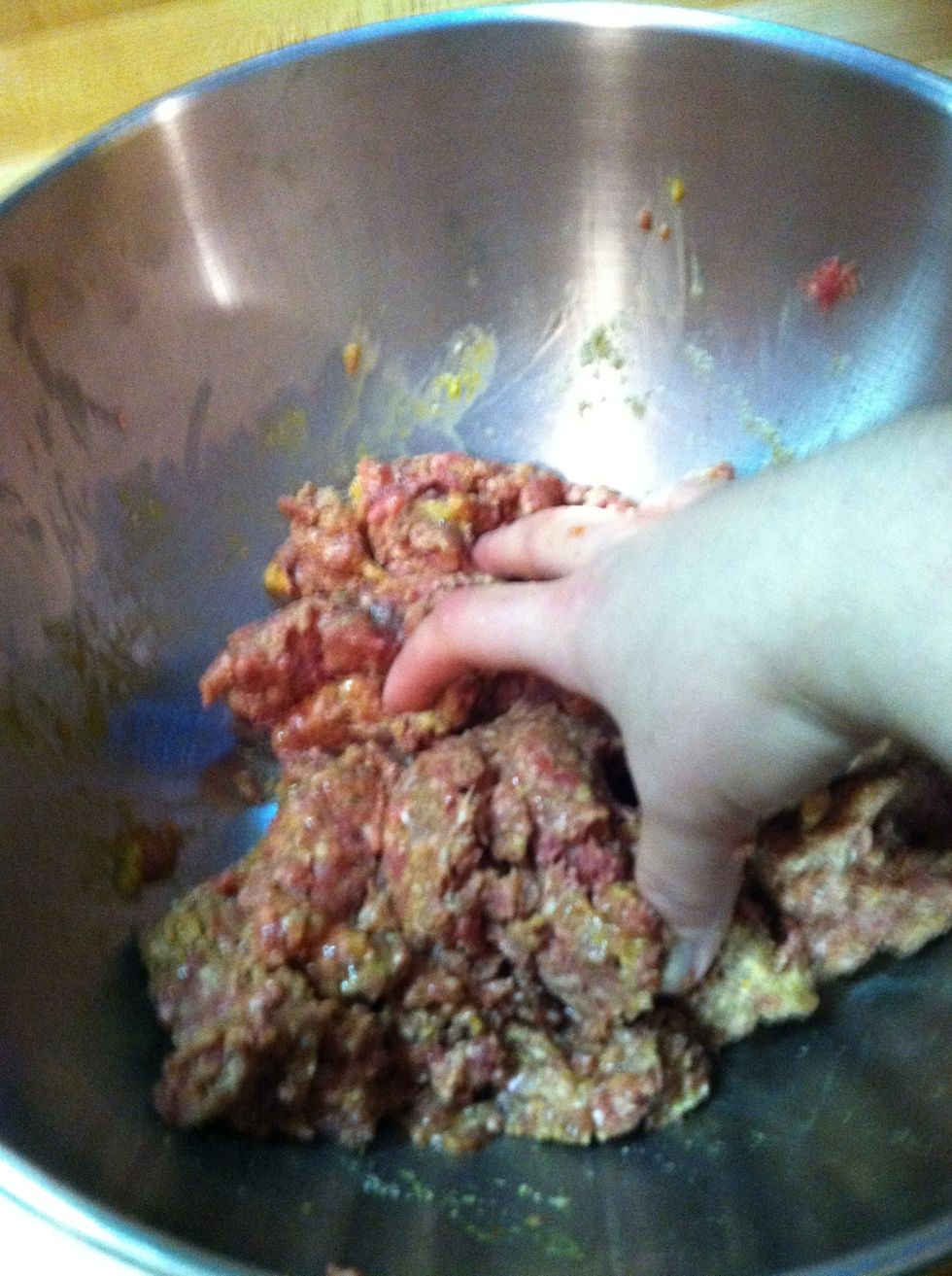 Mix!! If it's too wet, add more breadcrumb.