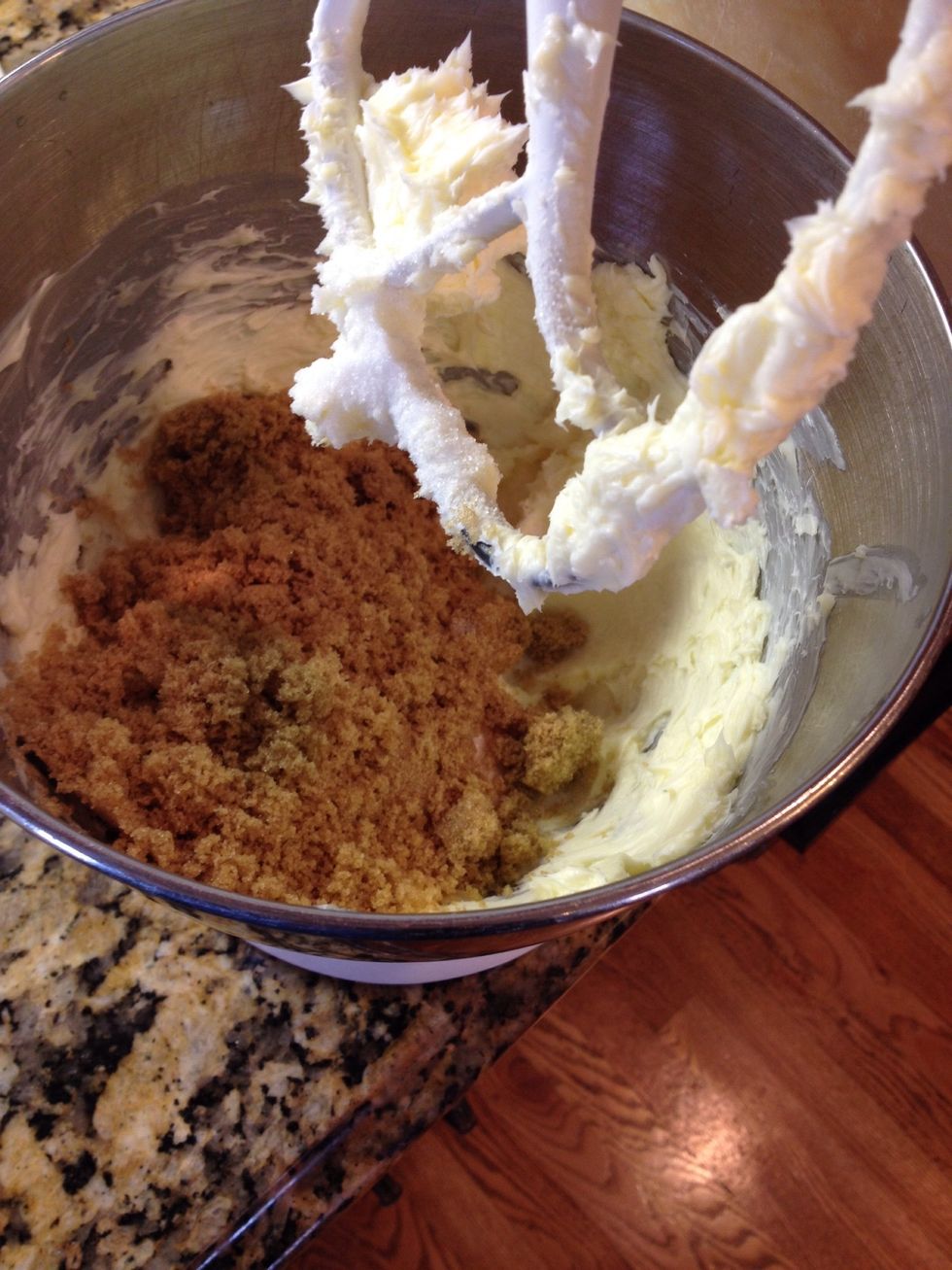 Mix in 3/4 cup plus 2TB white sugar, 1 cup plus 2TB brown sugar and 2 tsp vanilla and 2 eggs
