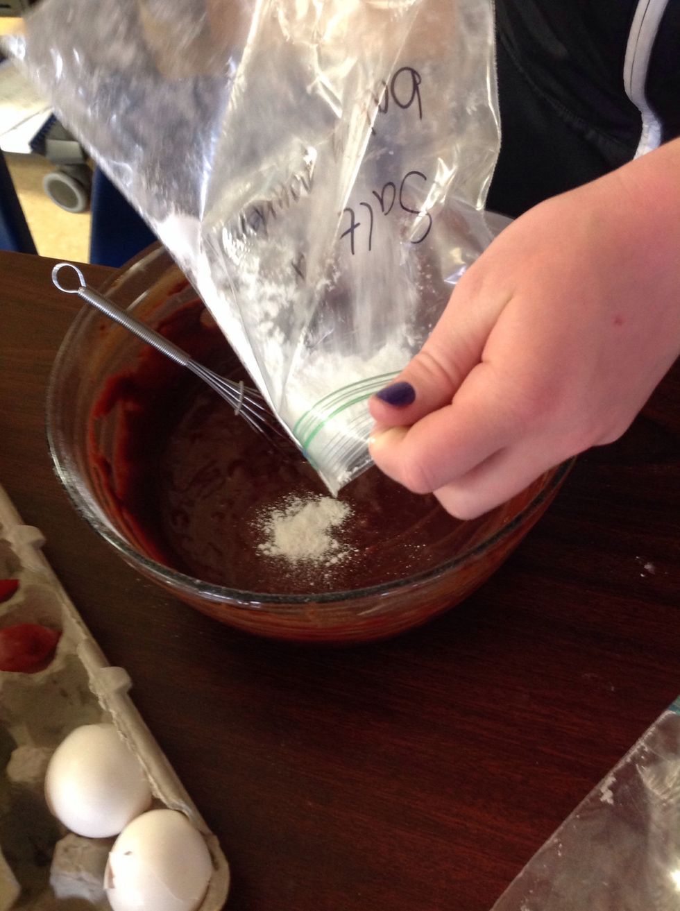 Mix in baking powder and salt.