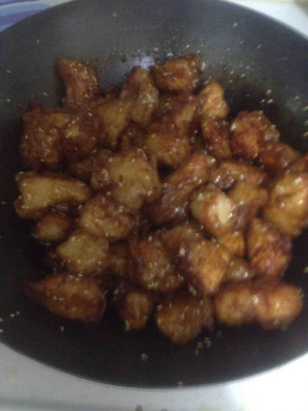 Mix in chicken and serve.