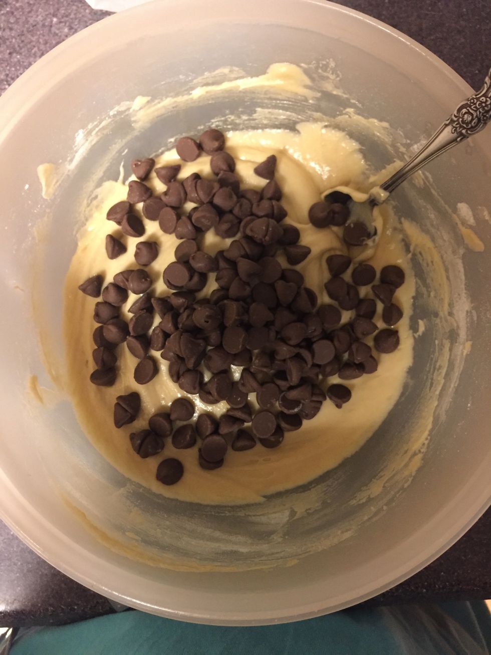 Mix in chocolate chips (I usually do a little less than a cup)