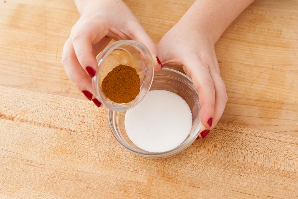 Mix in cinnamon and sugar together. We eyeballed how much to use of each.