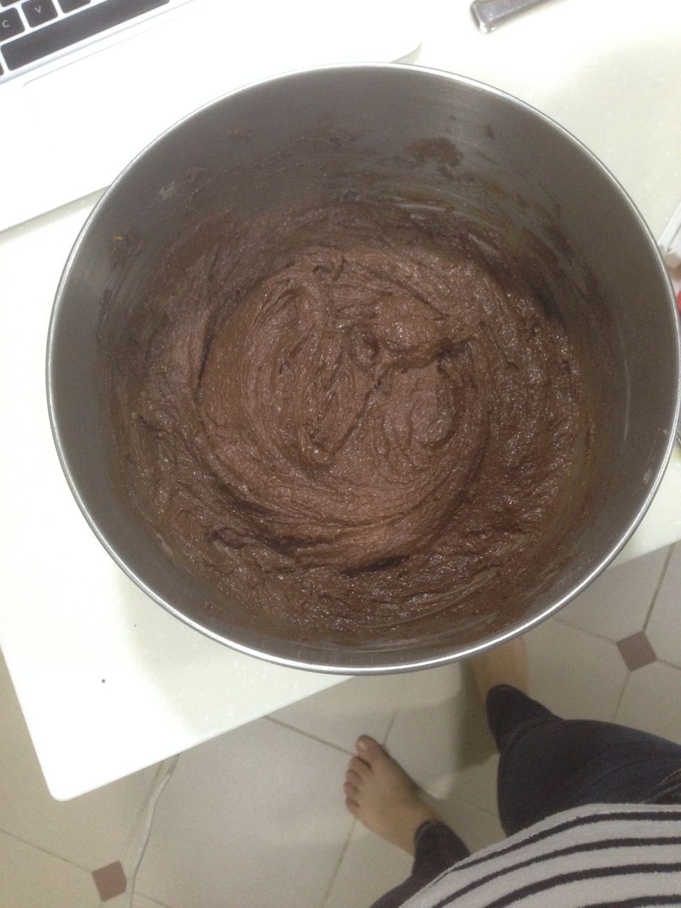 Mix in dry ingredients (mixture in the small bowl). Mix well until just combined.