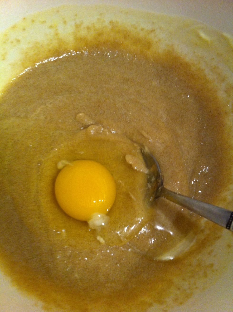 Mix in four eggs into butter/ sugar mixture one at a time, making sure each egg is well mixed before adding the next one