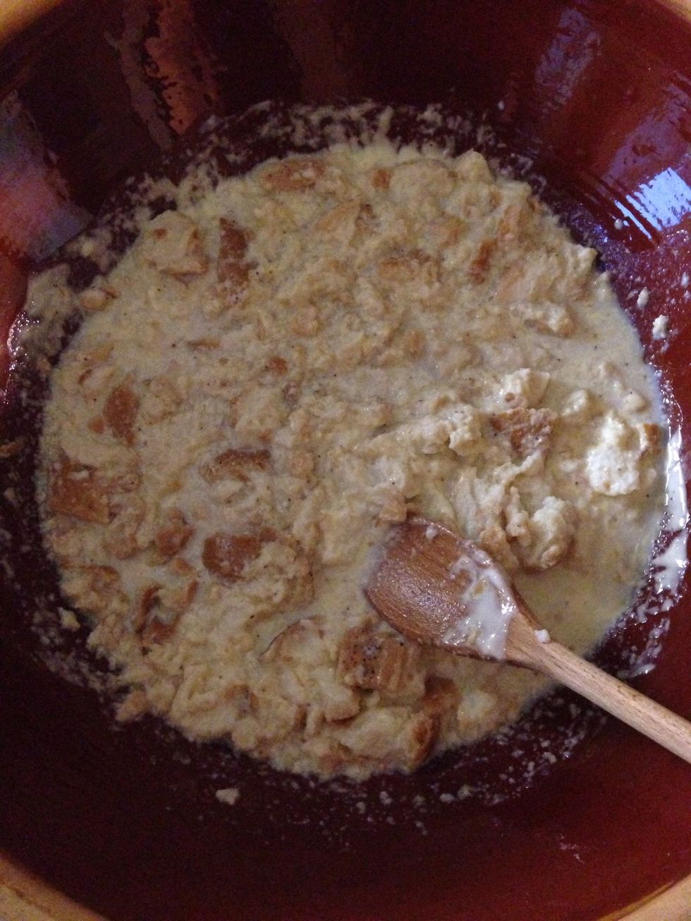 Mix in milk and bread, oil, salt and flour.