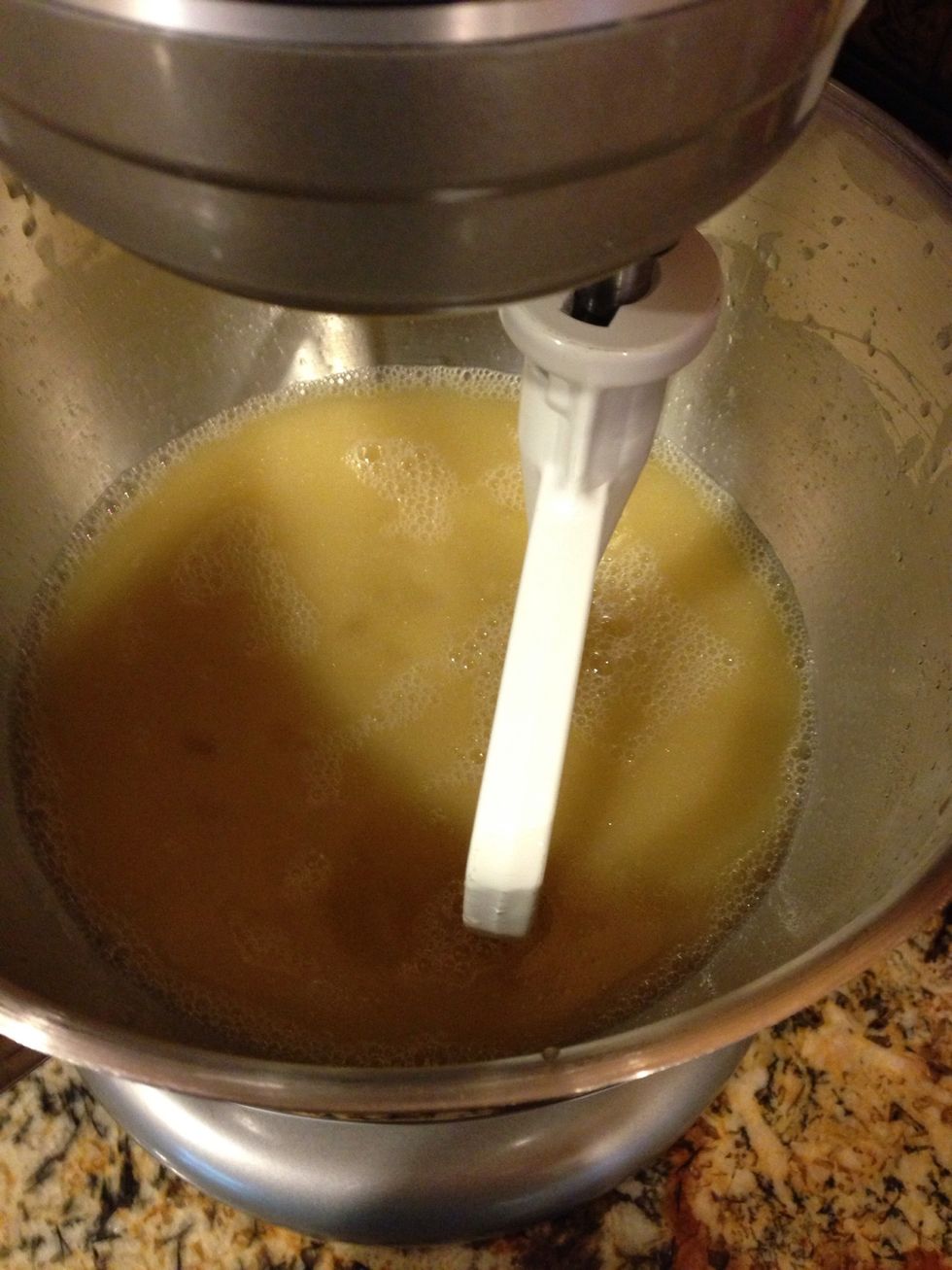 Mix in oil, honey, and salt. Beat in 3 eggs. That's the secret, an extra egg! Makes the texture absolutely perfect!