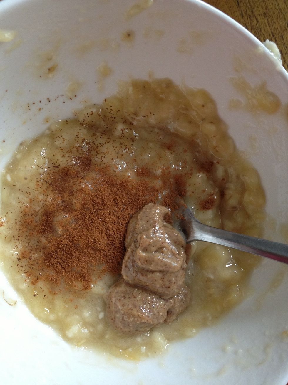 Mix in spices and almond butter. Optional spices are nutmeg, ginger, vanilla, cardamom and cloves.