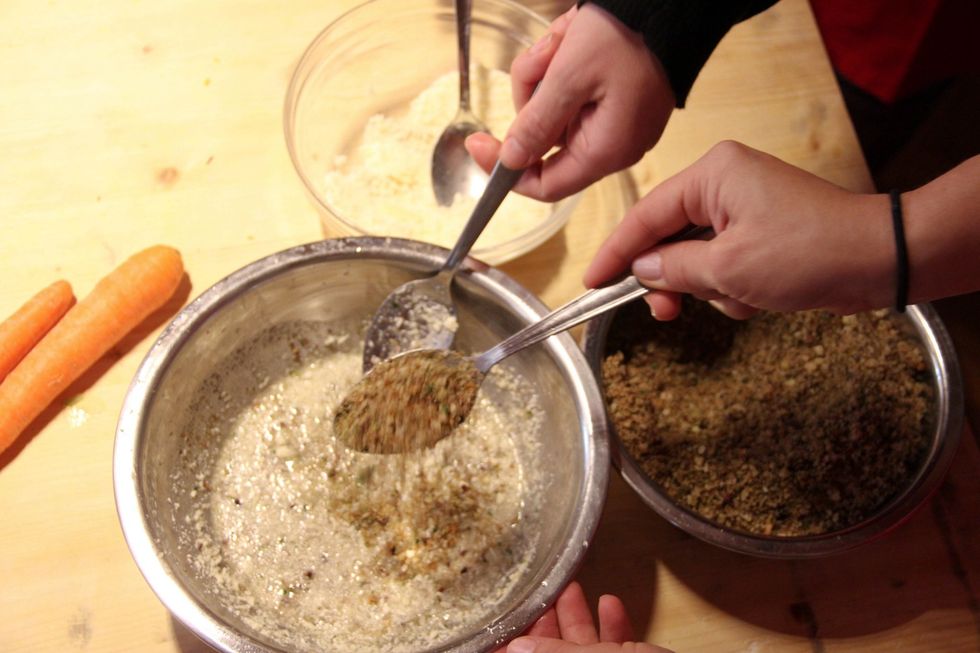 Mix in stock one spoon of breadcrumbs and one of parmesan cheese till you get meatball consistency