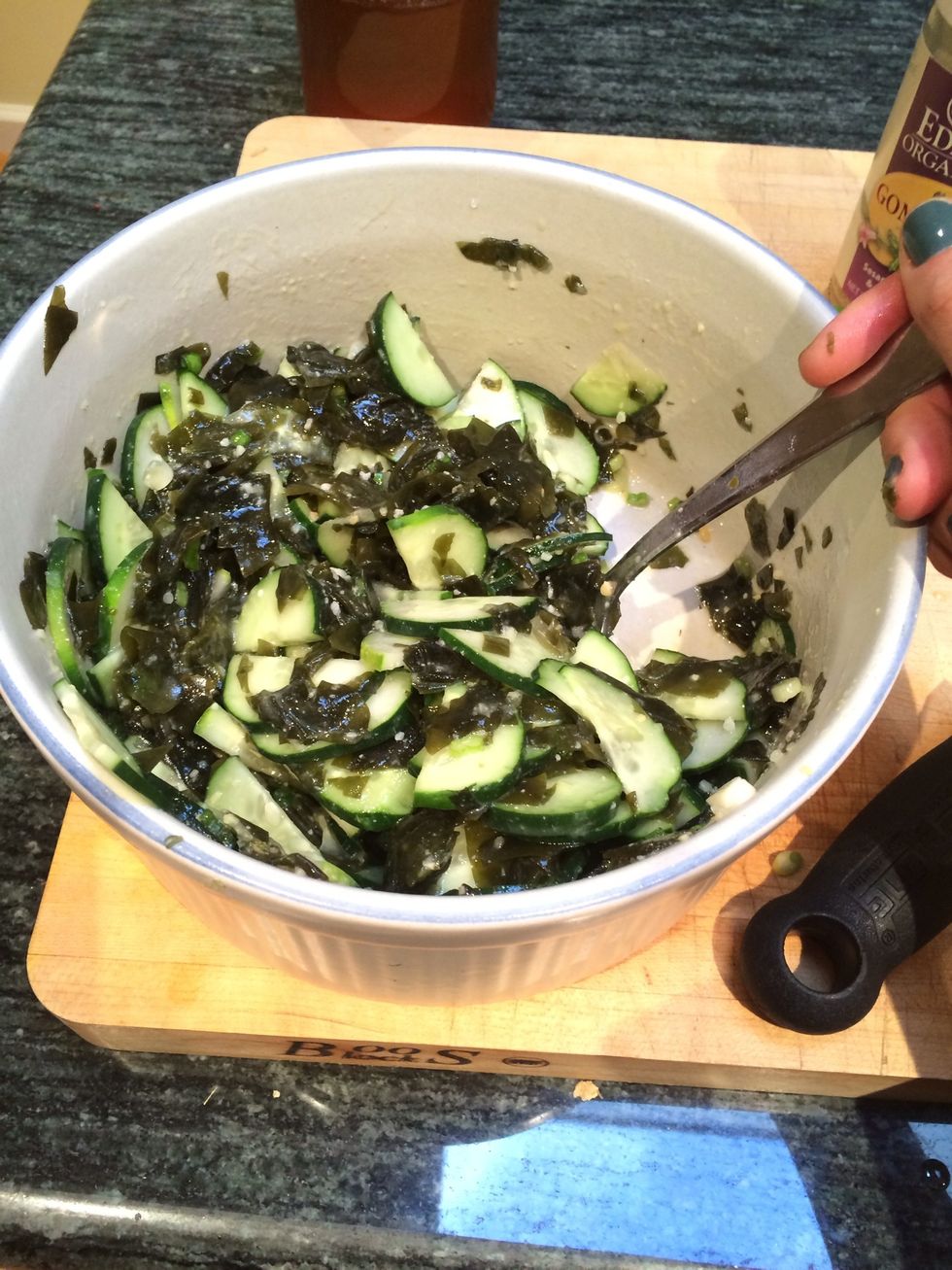 Mix in the cucumbers and scallions. Season with salt to taste.