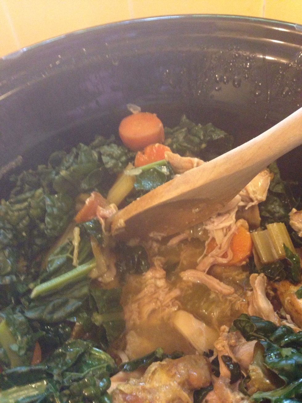 Mix in the greens and as you stir, the chicken will shred. Perfection.