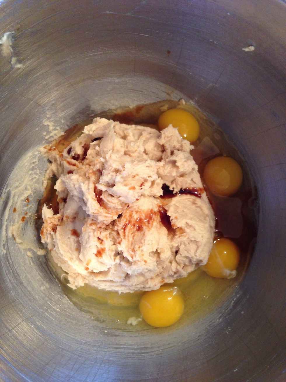 Mix in the vanilla and eggs.