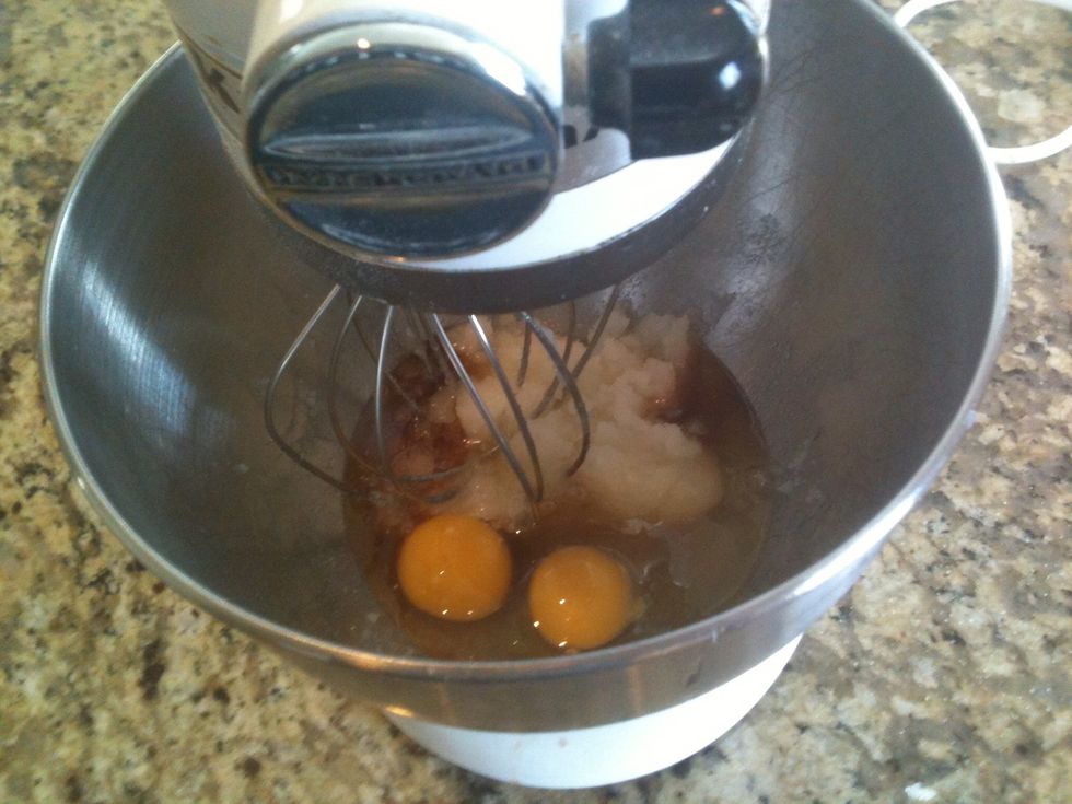 Mix in vanilla and eggs.