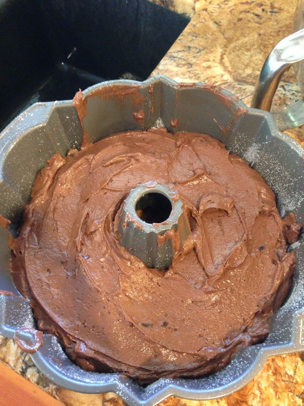 Mix in your flour and butter milk, alternating in 3 separate additions. Don't over mix. Stir in chocolate chips, and pour into a greased bundt pan. Like so \ud83d\udc46 :)
