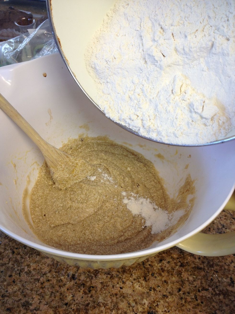 Mix in your flour mixture a little at a time, don't pour it all in at once. Stir in a little, and mix. Repeat this step until the texture is creamy and you have no flour mixture left.
