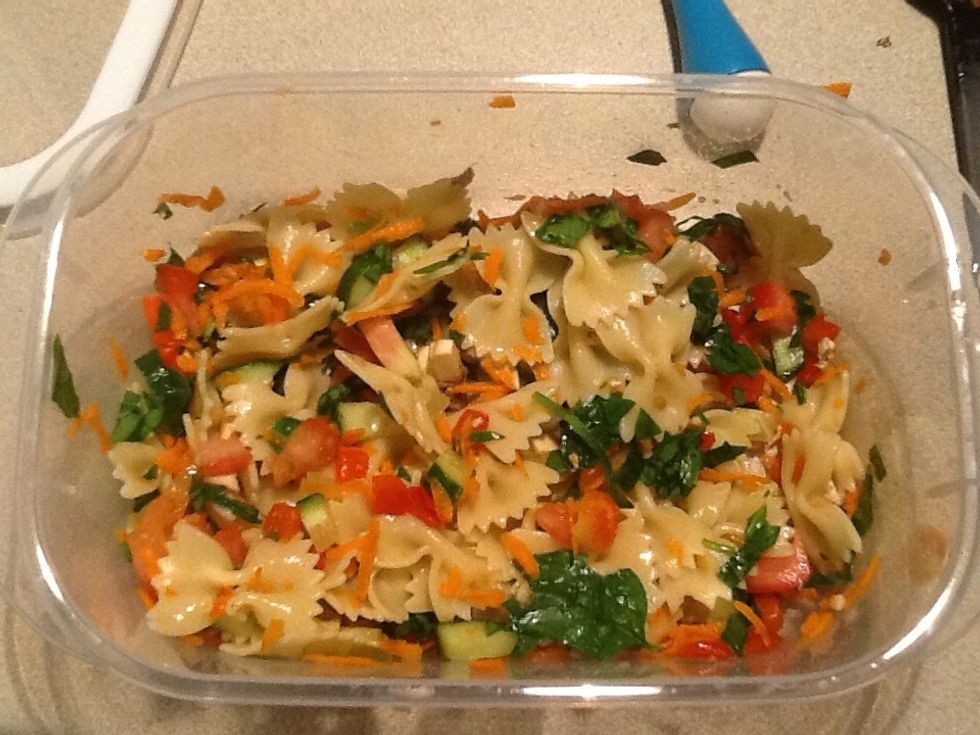 Mix ingredients add dressing and serve