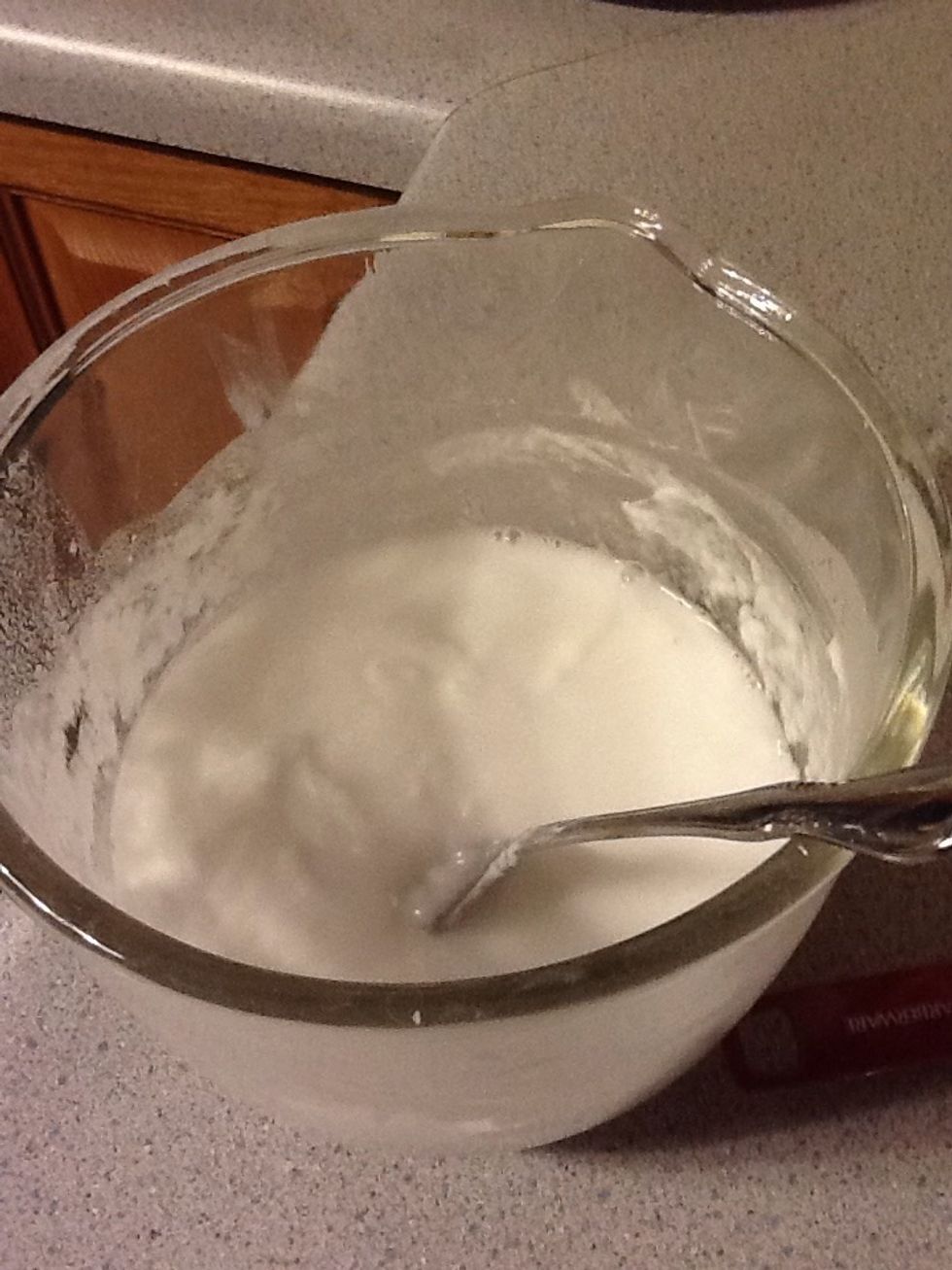 Mix ingredients together in a bowl except vinegar. Add it last after everything is mixed, it will foam a little due to the reaction with the baking soda. If you want ticker mixture add less water.