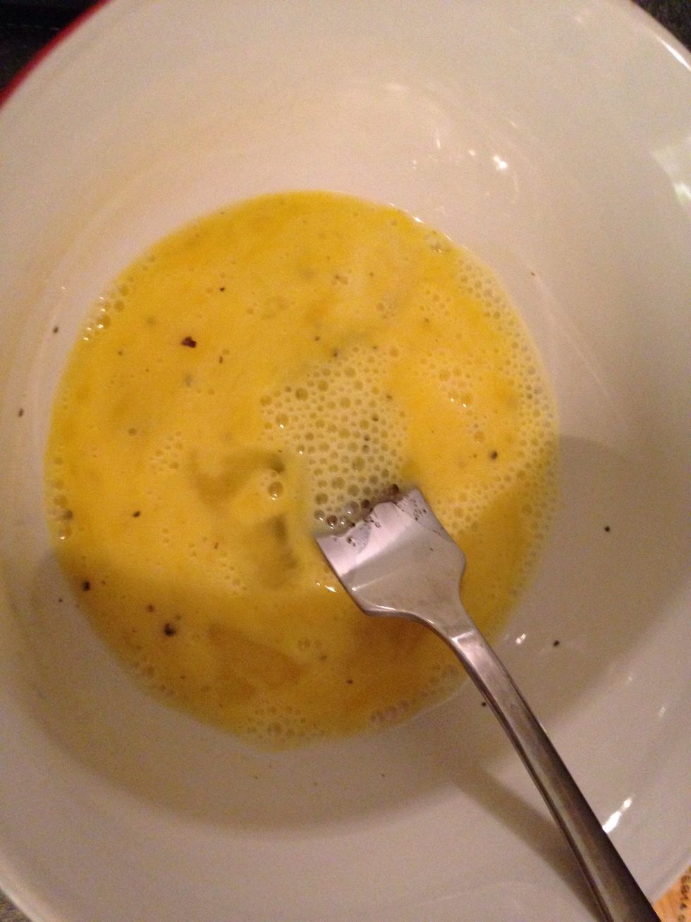 Mix it all together till eggs are runny and salt & pepper are mixed