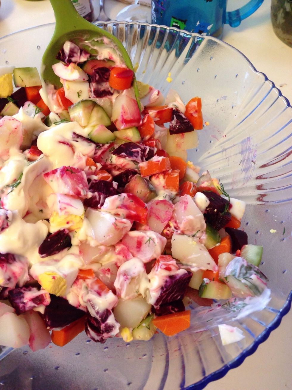 Mix it all together with a little salt, pepper and fresh herbs if you've got em. Starting to get pretty.