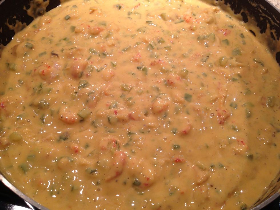 Mix it all up, and the filling is done. Feel free to pour this over some pasta for an easy, creamy seafood dish, but we have a couple more steps to make our pies.