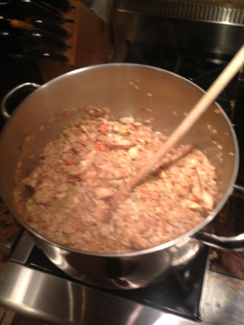 Mix it all up. I could have mixed it all on the skillet or in the pan. But i made a lot. So i did everything separately. I could have added the rice directly to the veggies and done the same thing