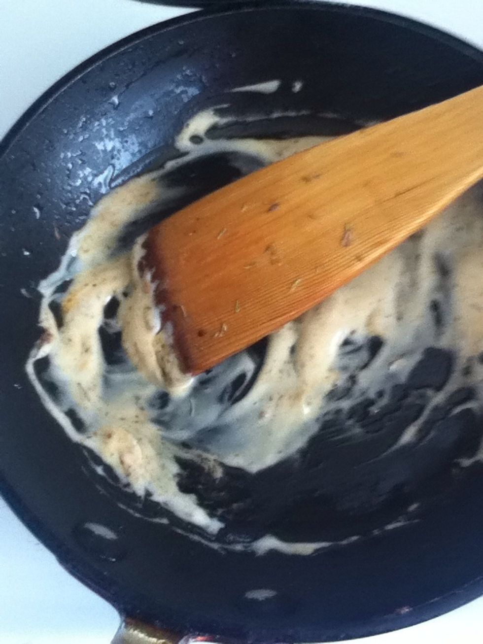 Mix it and scratch the bottom of the pan so all the cooking flavors incorporate in the sauce