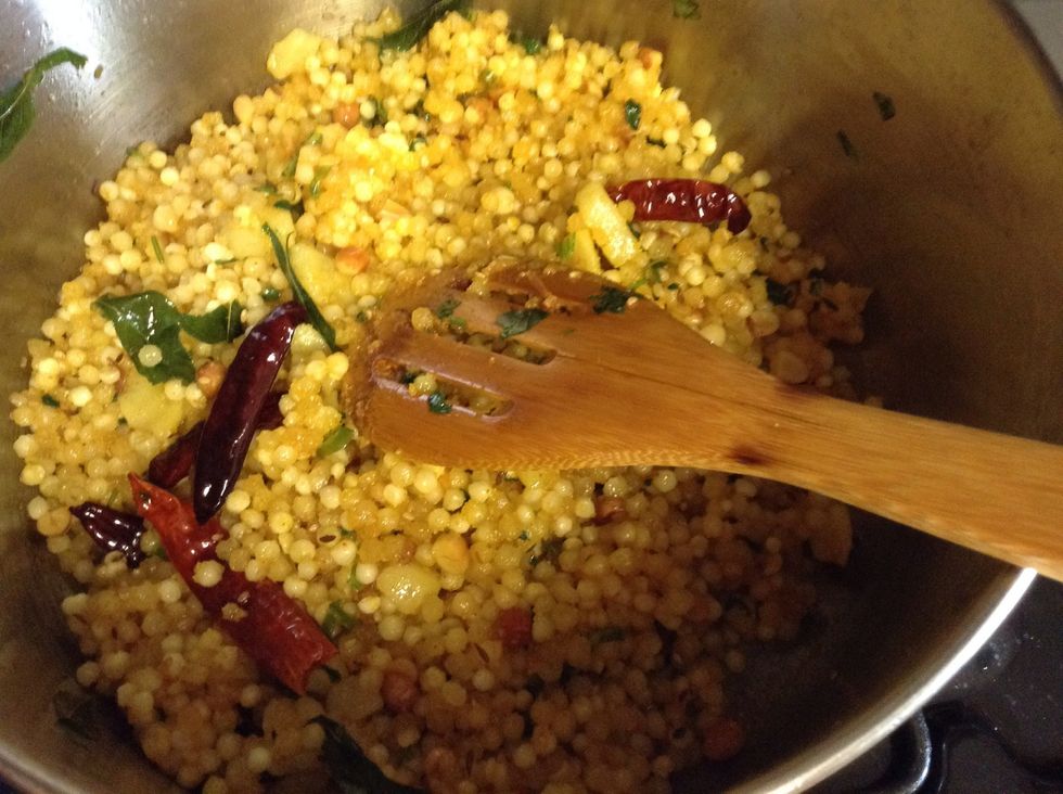 Mix it gently, stir fry for 3-4 mins on medium heat or until tapioca becomes translucent (like pearls). Keep stirring continuosly as it sticks to the bottom.