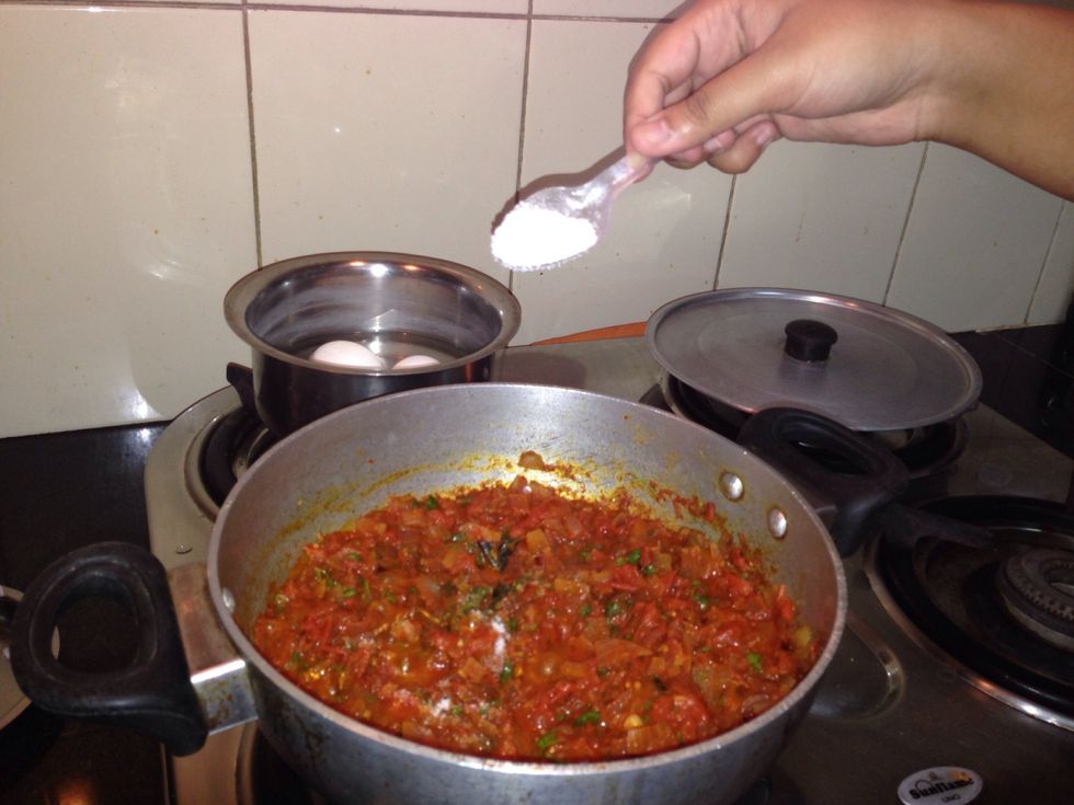 Mix it up and add salt to taste. Add little more than usual as we will be adding water later. After this, add little more water and let cook for 2-3 mins.