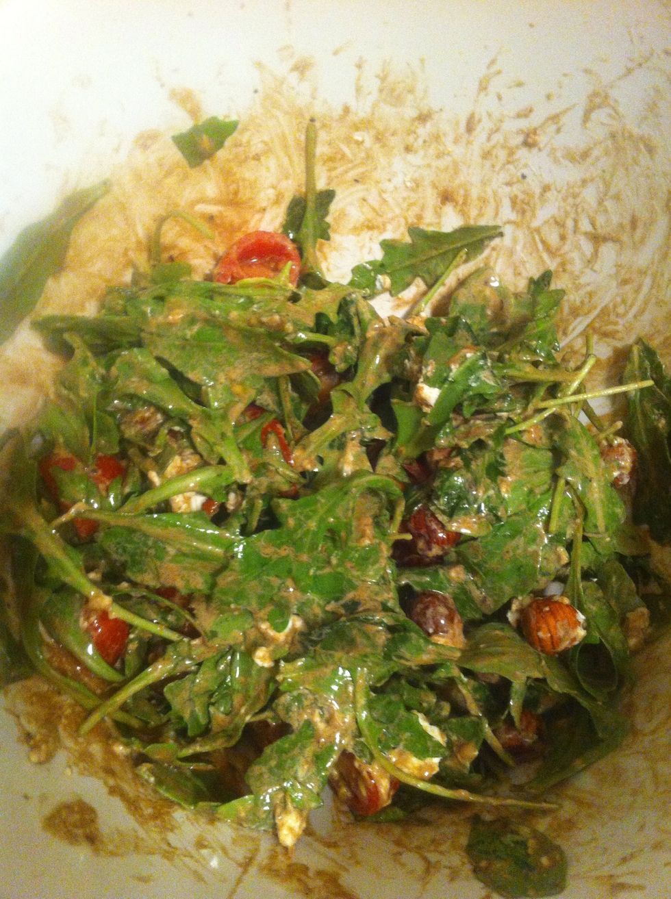 Mix it up! The goat cheese will mix in with the oil and vinegar, making a creamy dressing. Add a squeeze of fresh lemon juice. Also! Squeeze some lemon over your napping chicken.