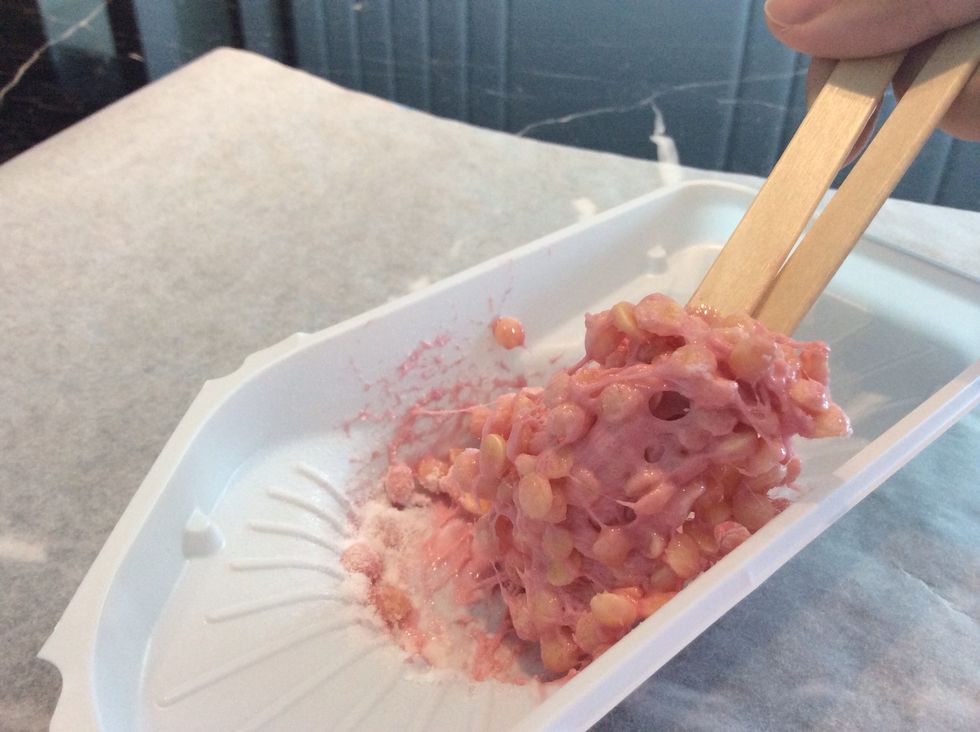 Mix it up, this will be a bit stiff so again, gentle and patient. Can you see all the strings, fluff and stickiness it's getting? That's what you want it to have.