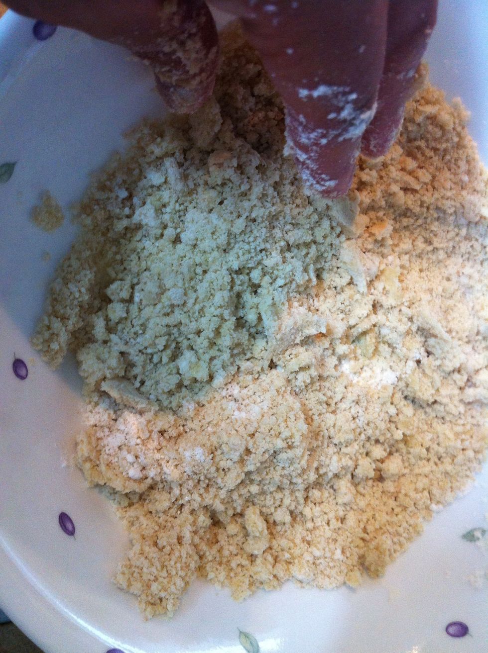 Mix it up until the texture resembles bread crumbs. For more flavor you can consider adding slightly more butter. The color will be a slight brown.