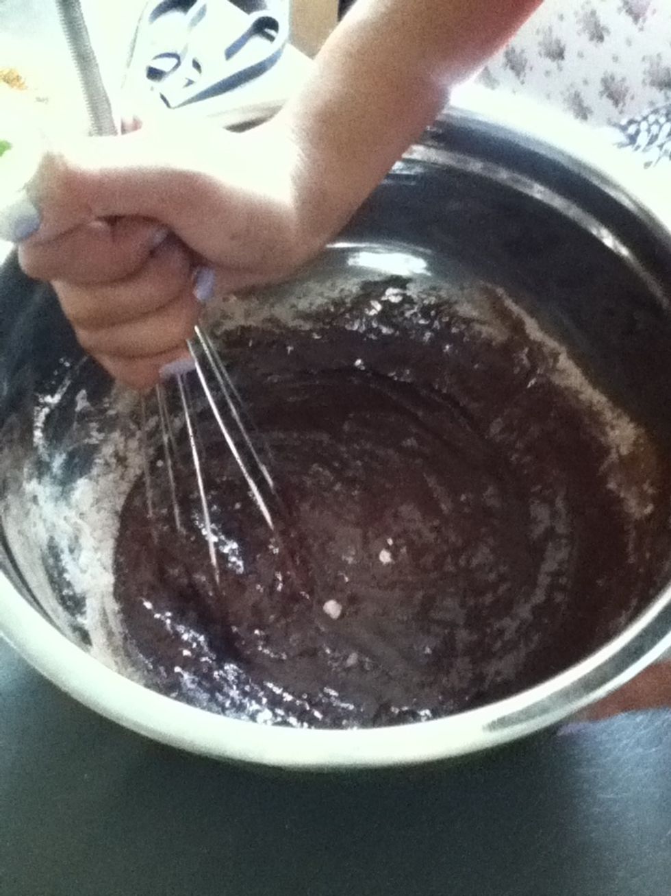 Mix it, with a whisk, or another item that you can mix it with. Mix until there's no clumps.