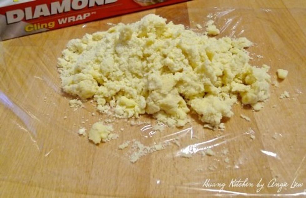 Mix just until the pastry comes together when pinched. Then turn the dough onto the top of plastic wrap on a work surface.