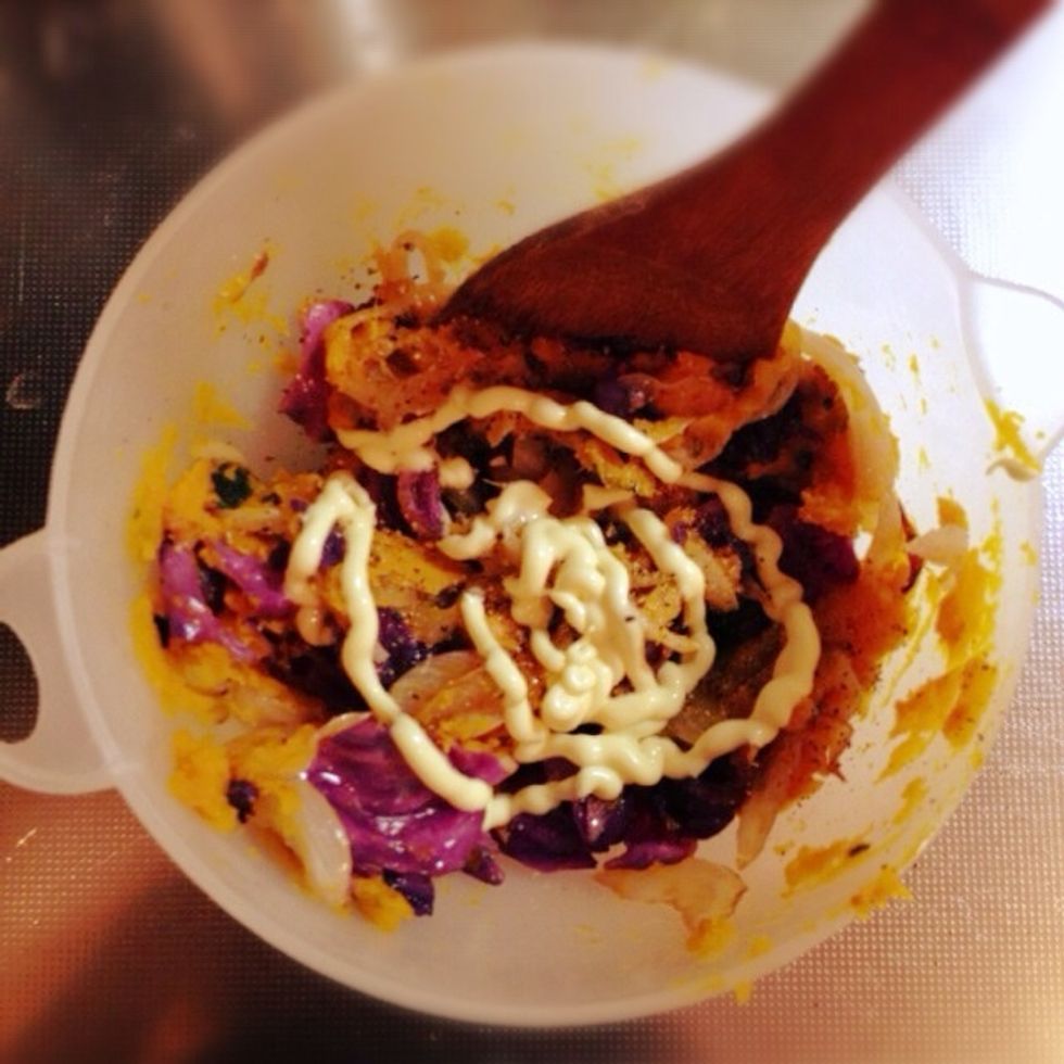 Mix mashed pumpkin in a bowl with onion and cabbage then add mayonnaise and dill Add salt and pepper to taste