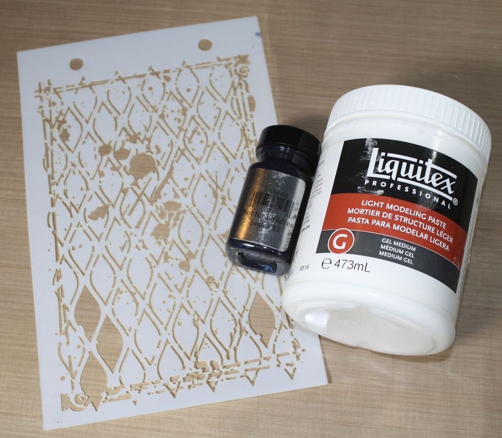 Mix modeling paste and AA Tuxedo together to apply through stencil.