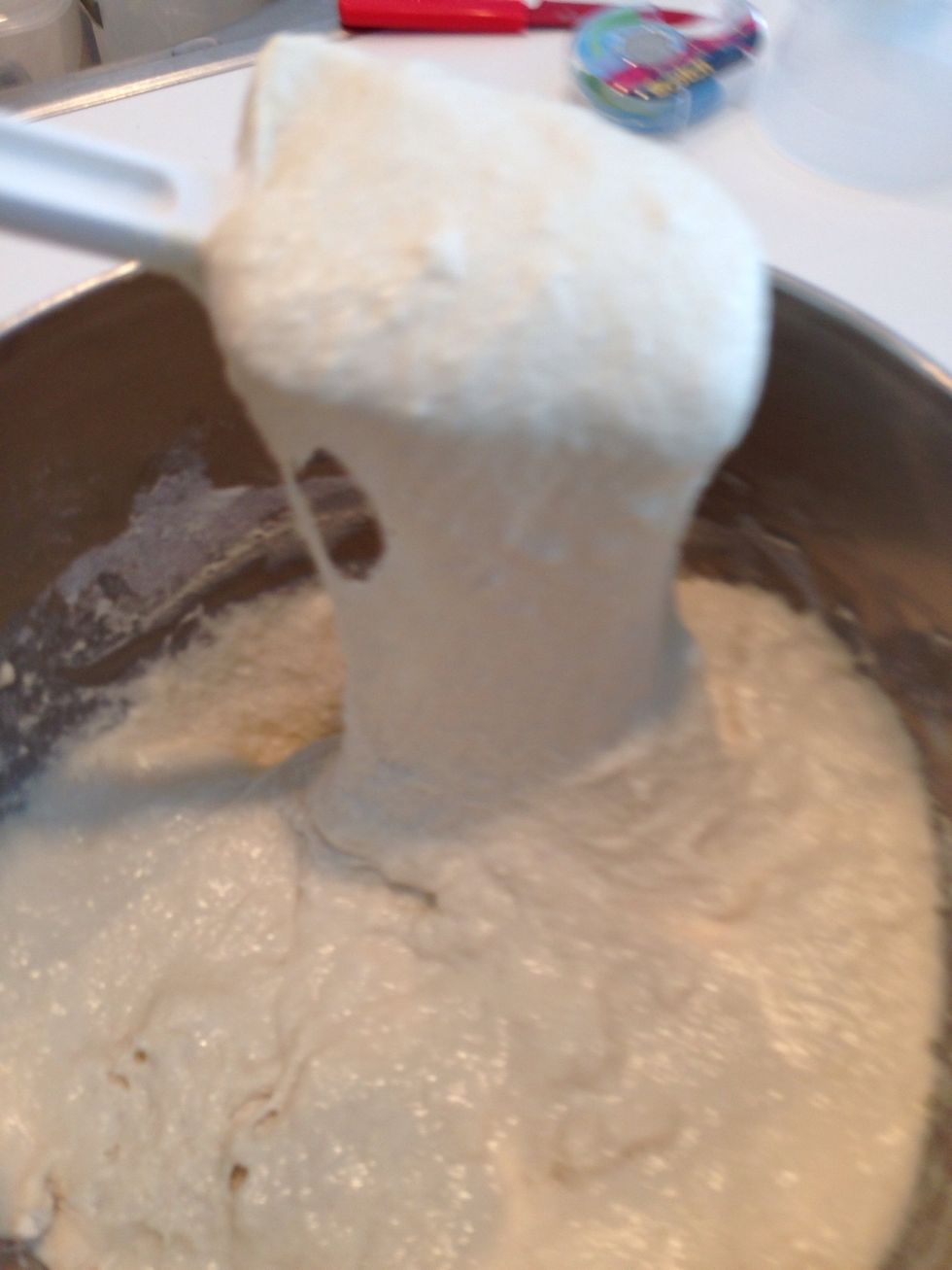 Mix on low for2 minutes, medium for 2 ,then medium high for 2. The directions for your mixer may say not to do bread at med high, but they're alarmists. You'll be fine. Dough will look like this.