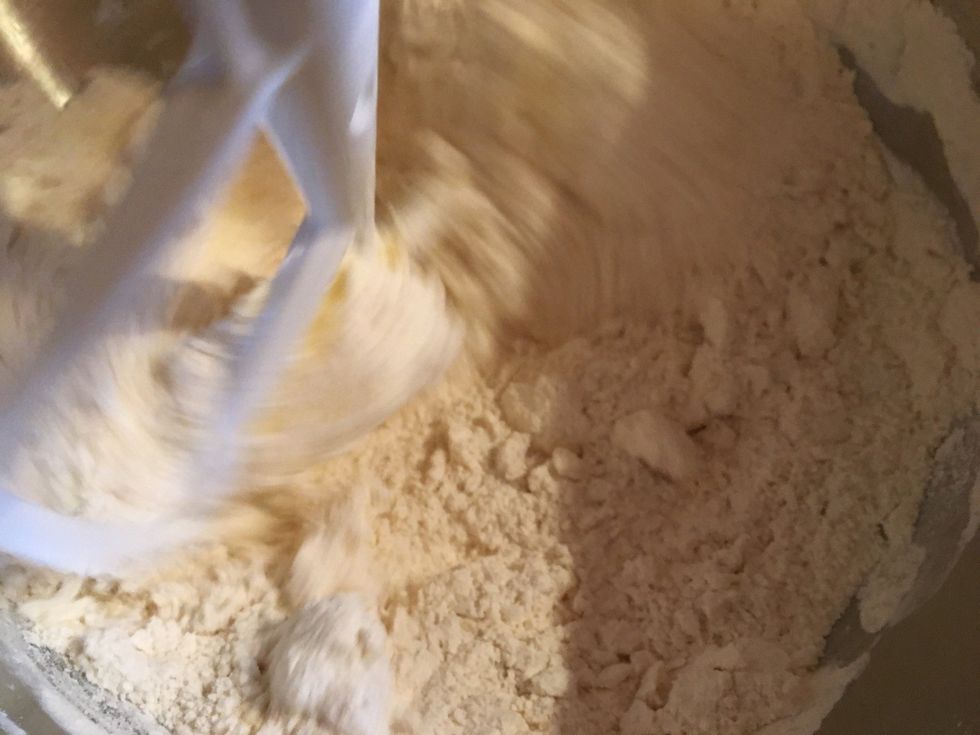 ... mix on low speed for a couple of minutes to start to blend in and break up the butter into smaller pieces.