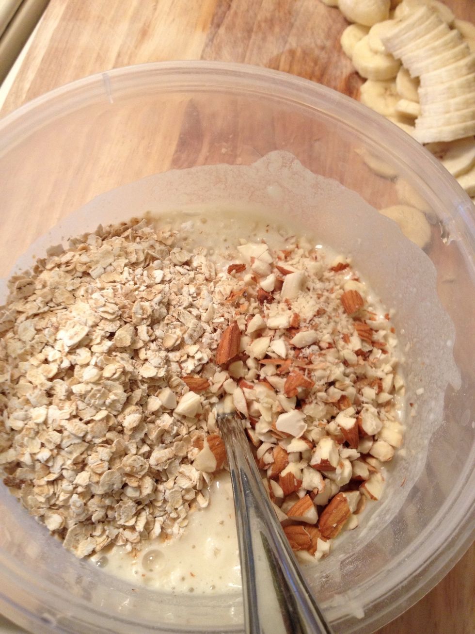 Mix one cup of pancake mix with 3/4 cup of soy milk, two tablespoons of oil and about 1/2 cup of oatmeal. Add chopped almonds