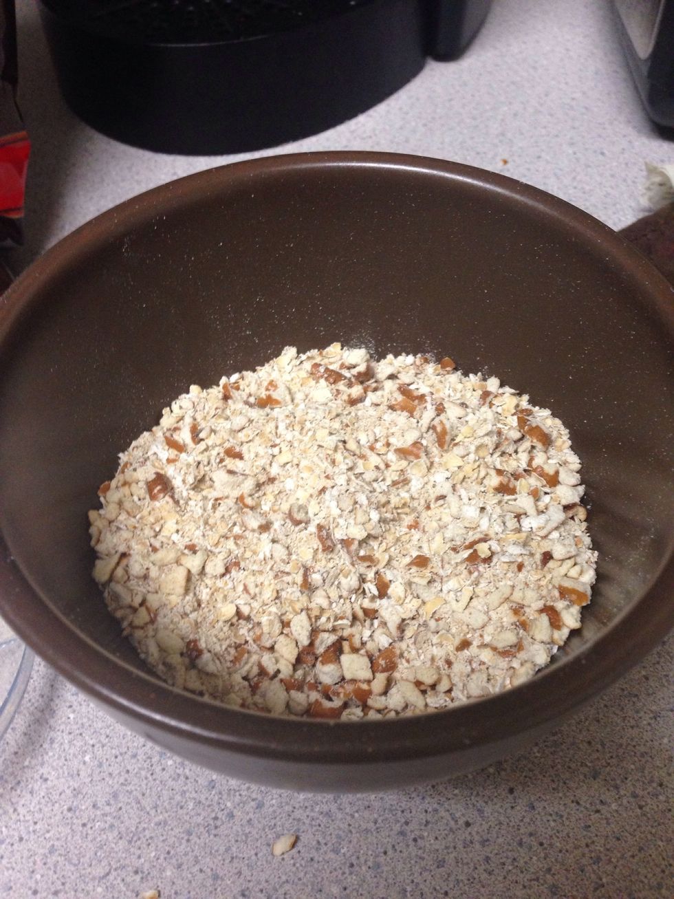 mix processed pretzels with approx 1 cup of oatmeal oats
