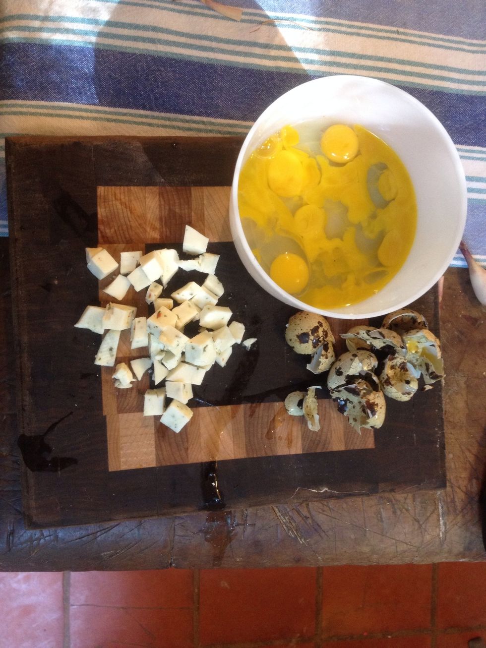 Mix quail eggs, goat cheese, salt in small mixing bowl