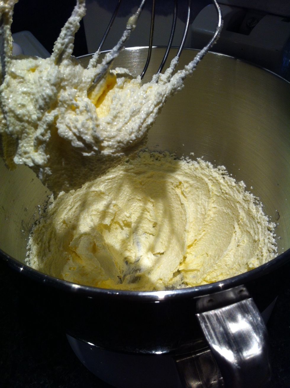 Mix room tempurated butter and sugar so it turns white and fluffy.