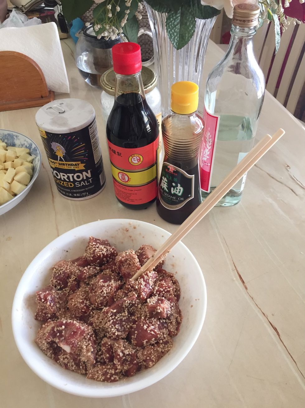 Mix seasonings in meat until evenly coated. Marinate for at least 30 minutes.