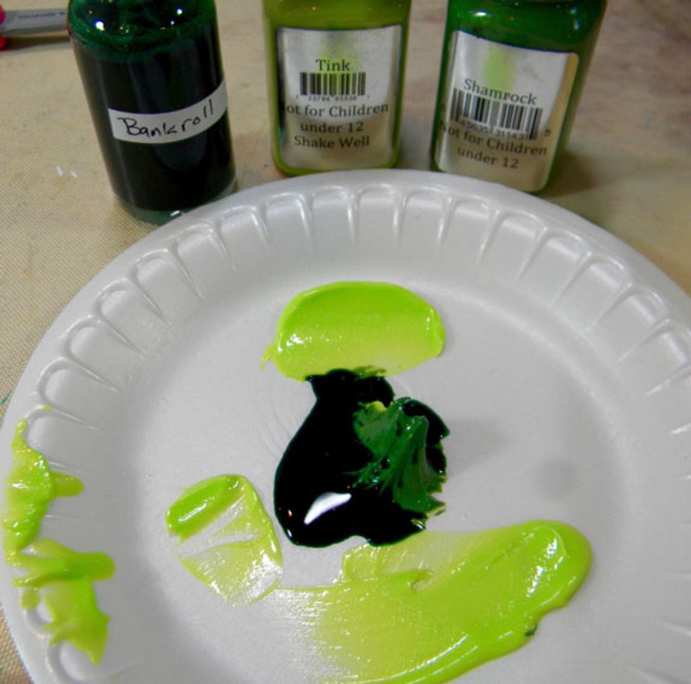 Mix Shamrock Velvet, Tink Sorbet and Bankroll Minx together. This mixture will be used with the Gothic Stencil so make sure to use a small amount of Bankroll since it is more fluid.