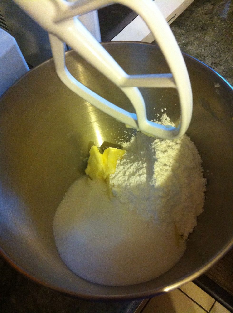 Mix softened butter with 1 cup icing sugar and 1 cup regular sugar