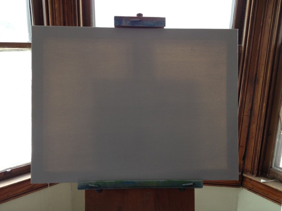 Mix some white paint, thinner, and a touch of black to make a runny gray primer. Cover the canvas with a THIN even coat of gray. This will let the rest of the colors blend on the canvas.