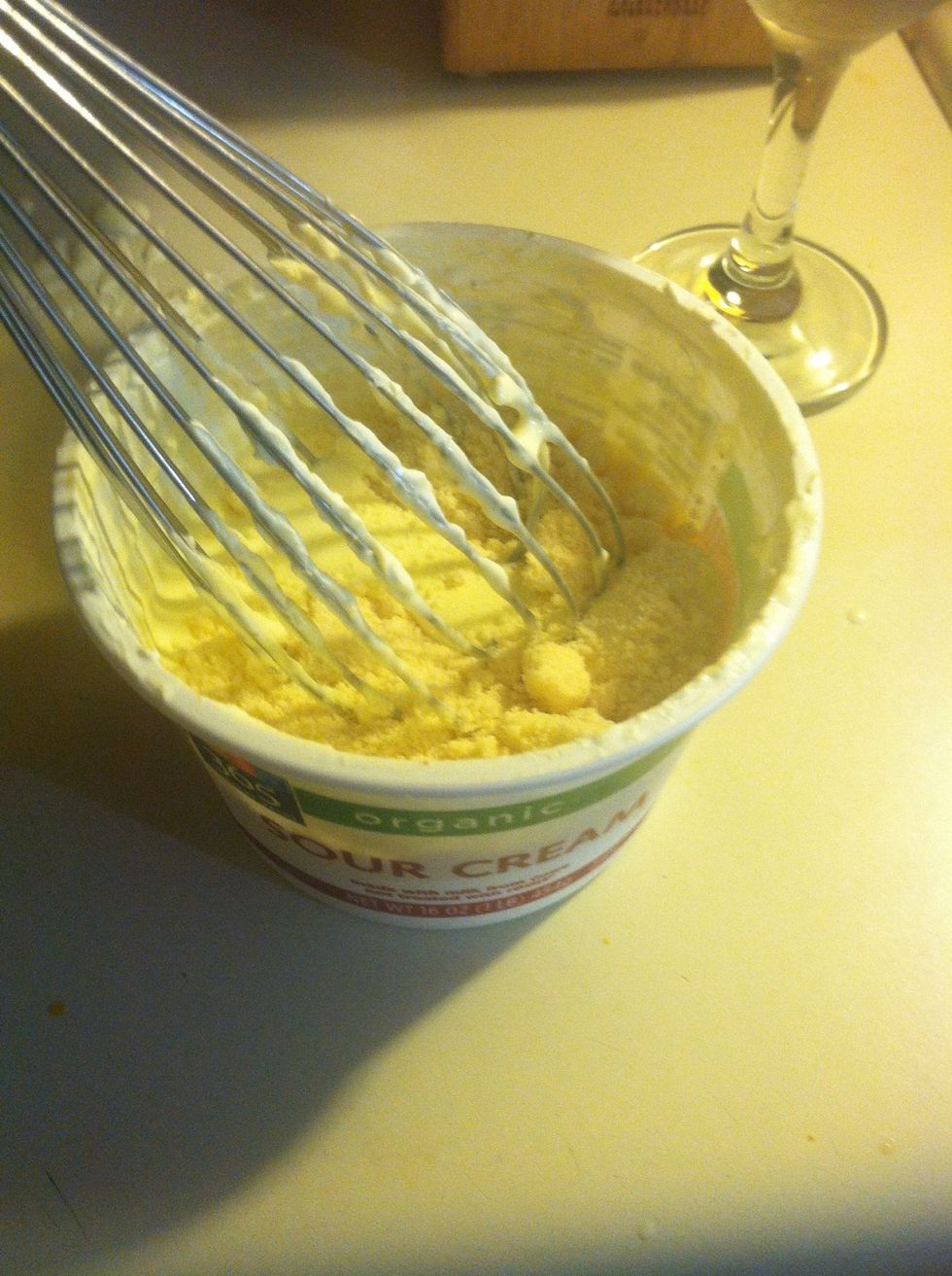 Mix sour cream, egg and parm