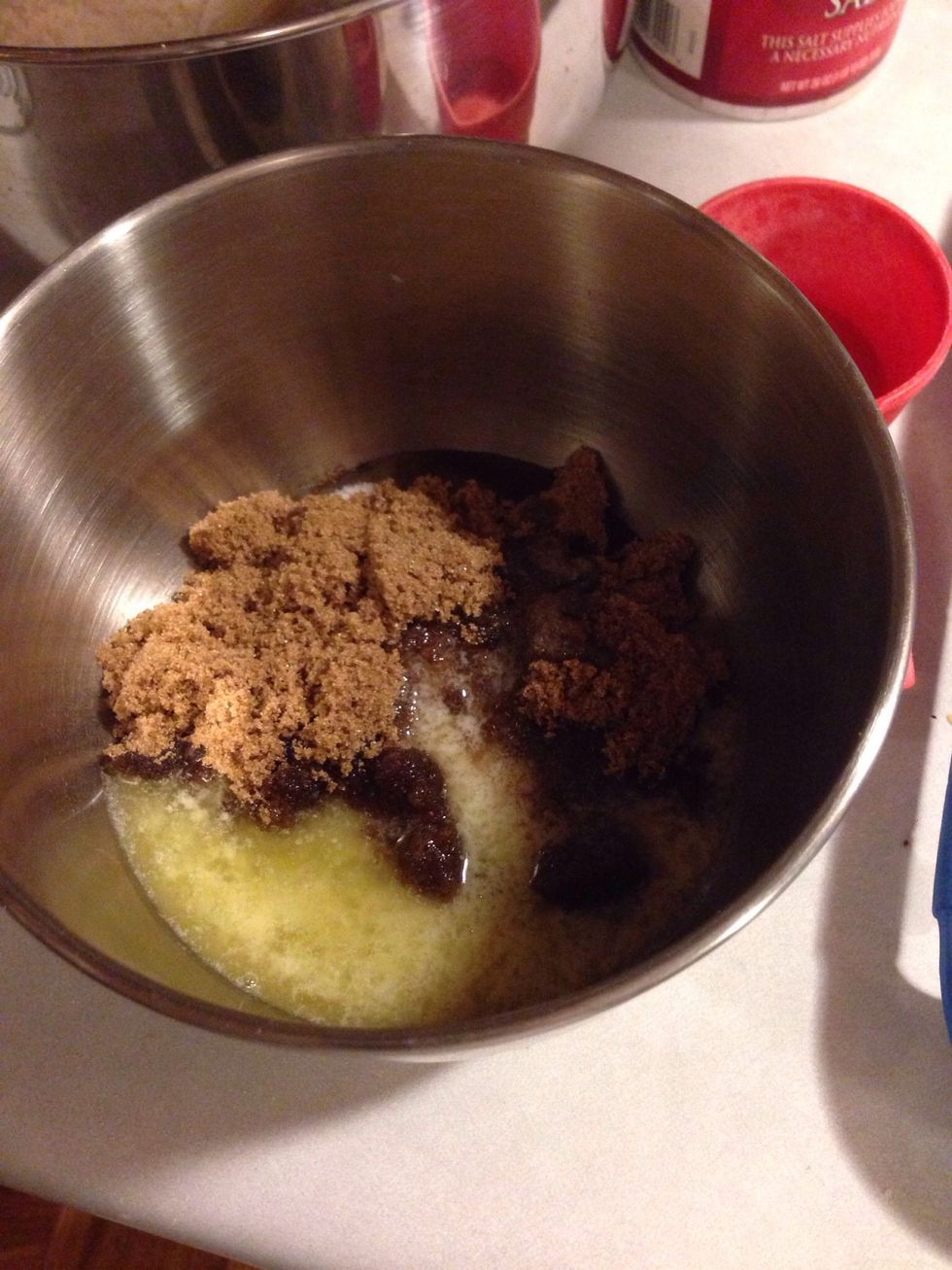 Mix sugar, brown sugar, butter and egg
