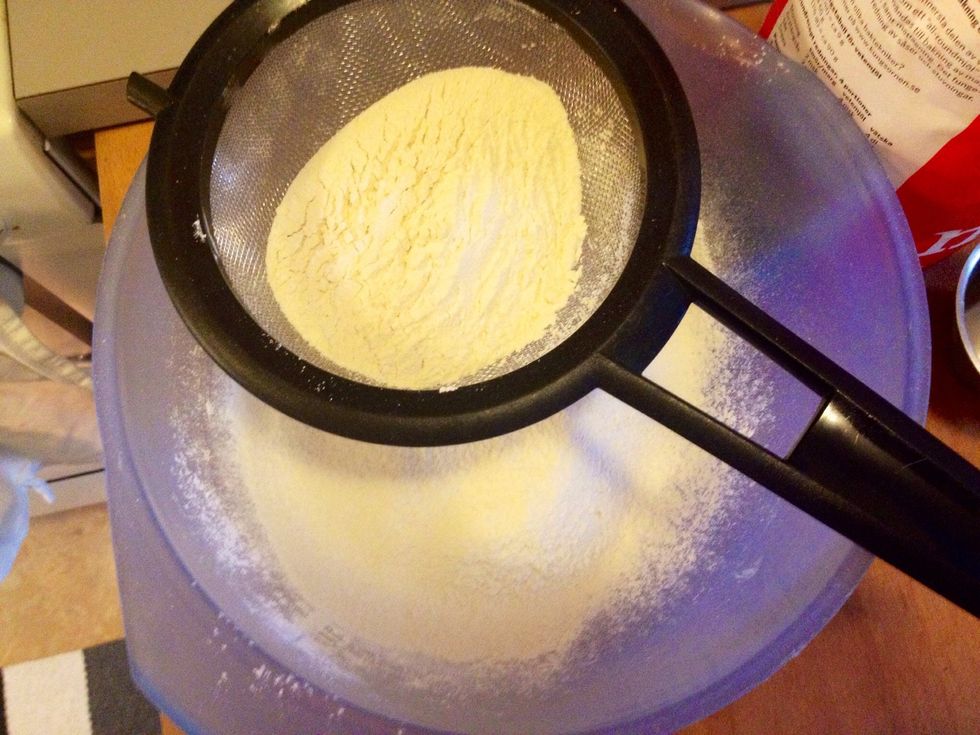 Mix sugar, flour, bicarbonate and baking powder. Just use a spoon, no whisk is needed.