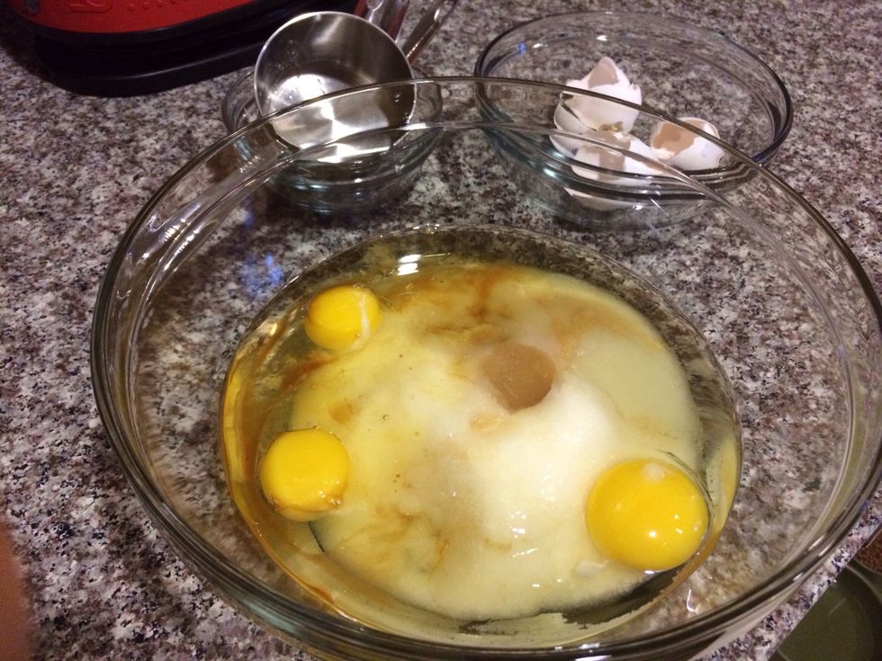 Mix sugar, oil, eggs & vanilla